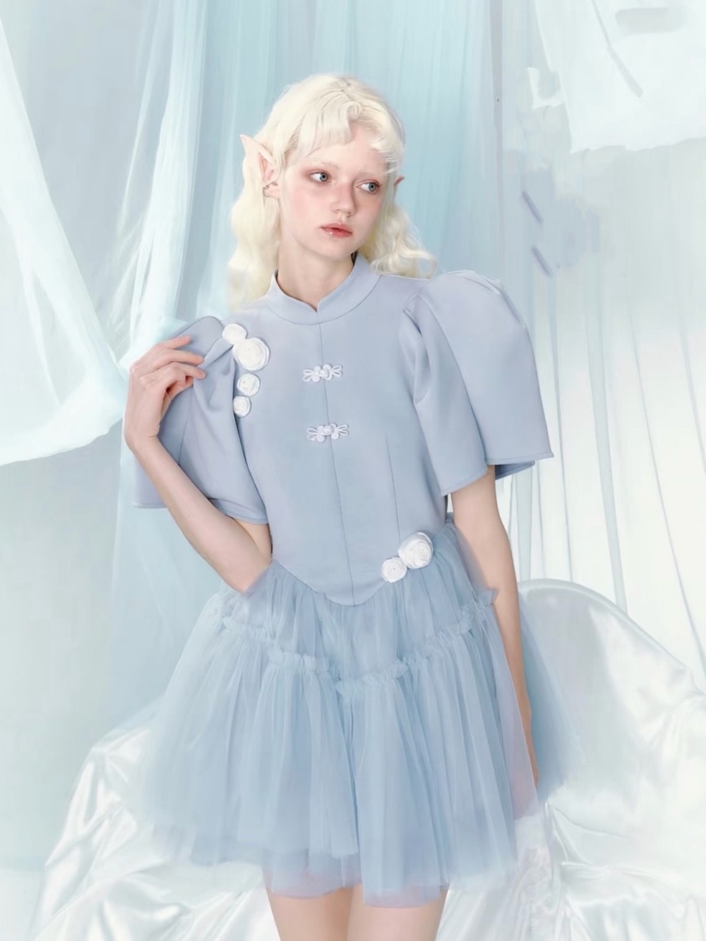 Light Blue Puff-Sleeve Tulle Mini Skirt